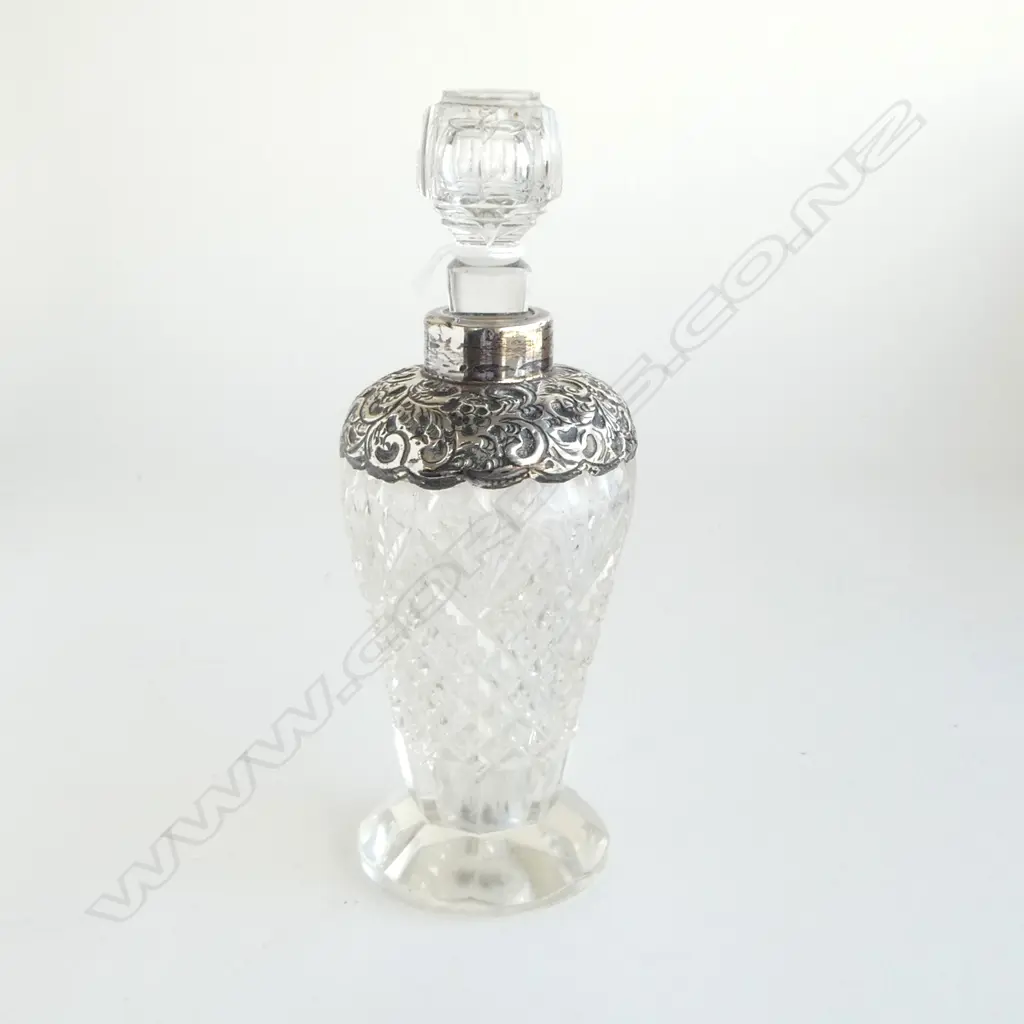 EDWARDIAN FANCY SILVER TOPPED CUT CRYSTAL PERFUME BOTTLE stopper sits a little proud. H.165mm Image 1++