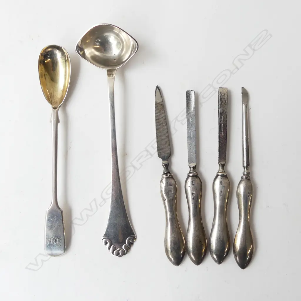 VICTORIAN SILVER MUSTARD SPOON + 4 VANITY IMPLEMENTS + PLATED DANISH LADLE Image 1++