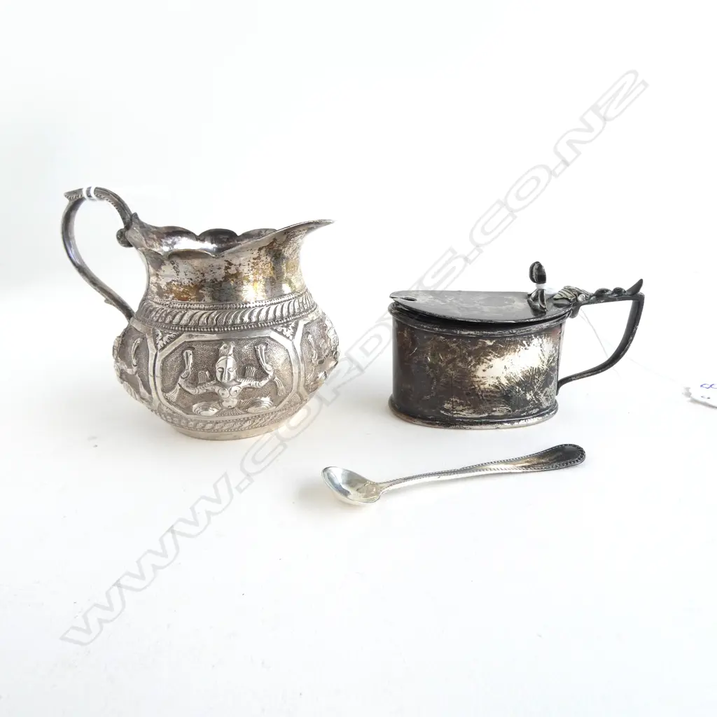 SILVER LIDDED MUSTARD POT & SPOON 60gms silver + INDIAN SILVER? CREAM JUG Image 1++