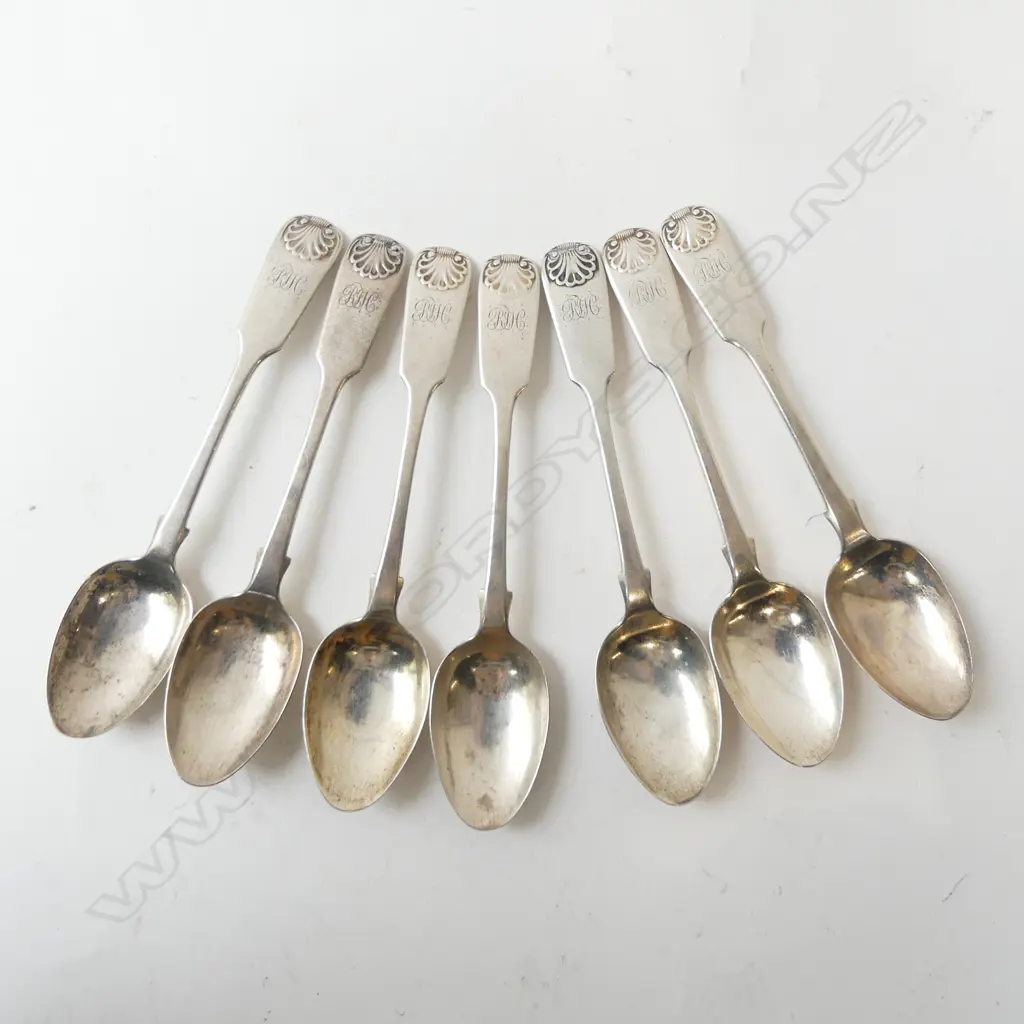 SET 7 VICTORIAN SILVER TEASPOONS Fiddle & Shell pattern 160gms Image 1++