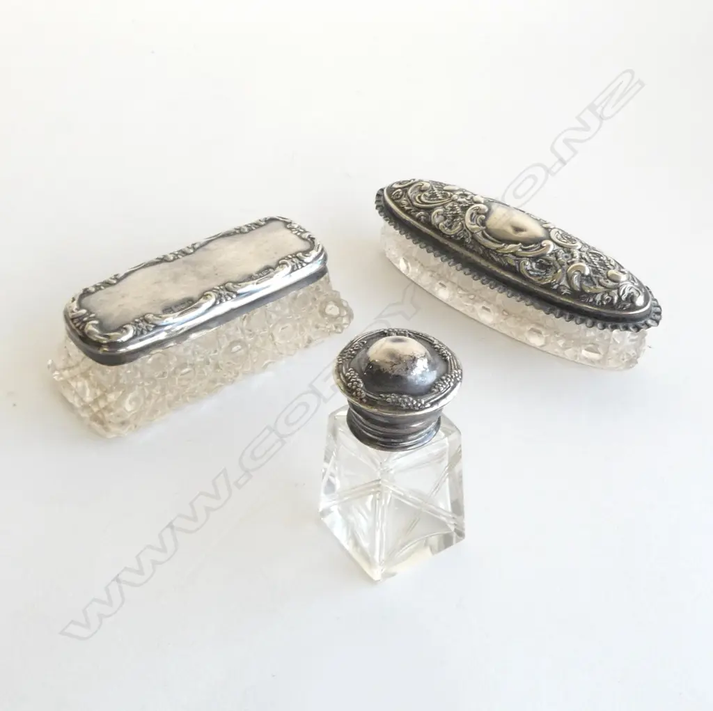3 early 20thC SILVER TOPPED VANITY JARS / BOXES Image 1++