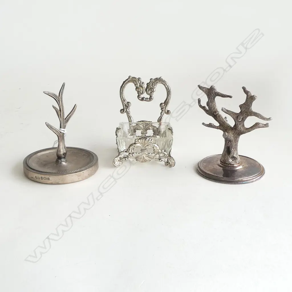 SILVER RING TREE Birmingham 1903 + silver plate ring tree + French plated & glass vanity dish Image 1++