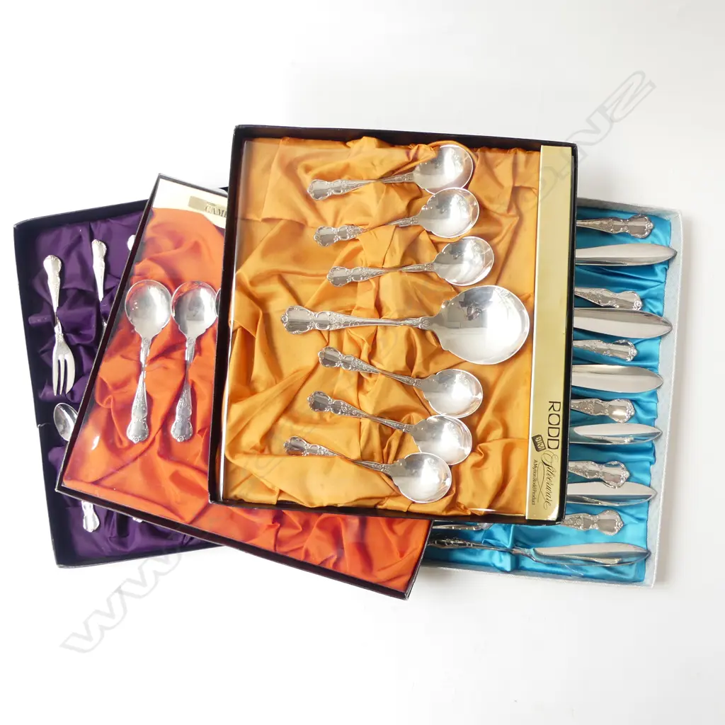 FOUR BOXES RODD CAMILLE CUTLERY 36PC’S – FISH SET, SWEET SPOONS, CAKE FORKS, T/SPNS Image 1++
