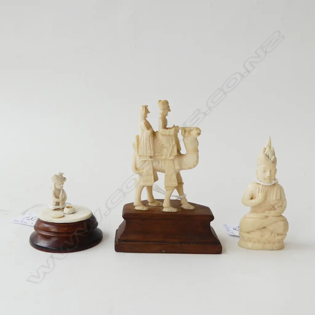 3 CARVED INDIAN IVORY PCS  CAMEL ON STAND H100MM  BUDDHA H80MM & SNAKE CHARMER ON STAND H50MM Image 1++