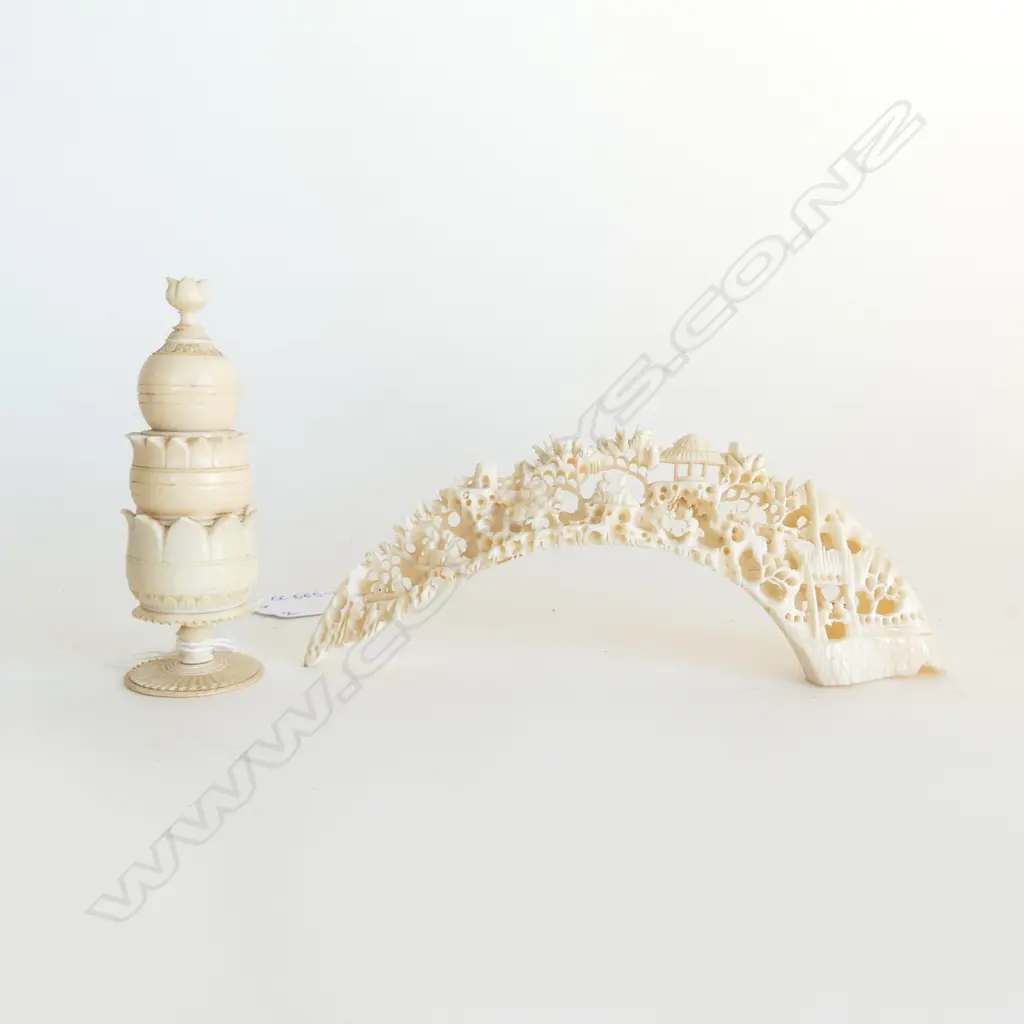 ANGLO INDIAN IVORY TOWER & CARVED CHINESE TUSK Image 1++