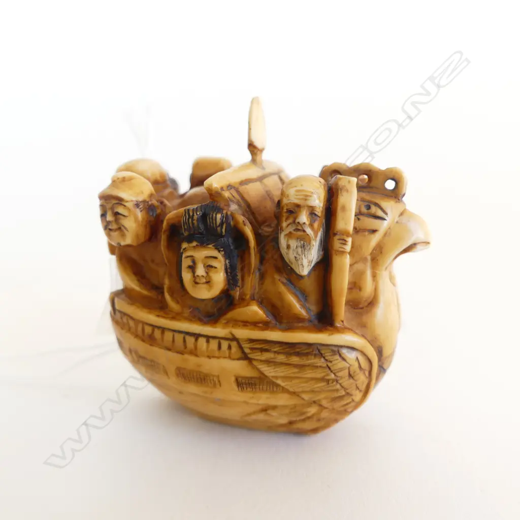 SIGNED IVORY NETSUKE  BOAT PEOPLE  Image 1++