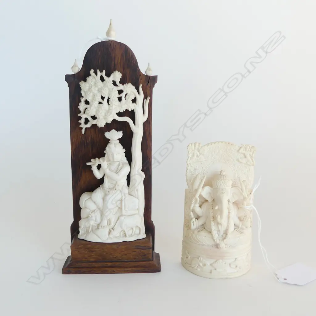2 IVORY CARVED PCS GANESH H100MM & SHIVA PLAYING  FLUTE H190MM Image 1++