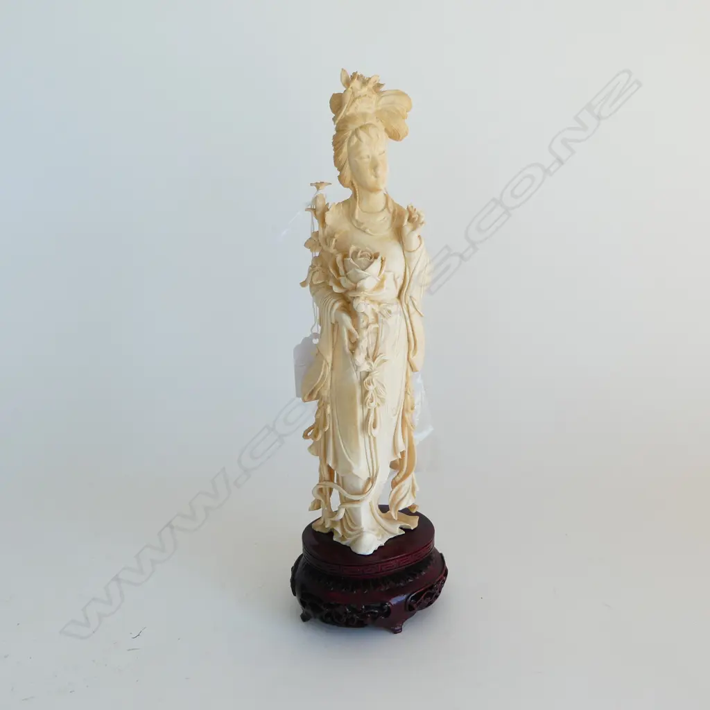 CHINESE IVORY LADY FIGURE WITH FLOWERS  SOME DAMAGE H280MM Image 1++