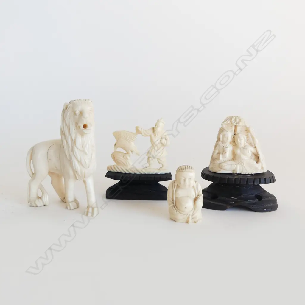 4 SMALL CARVED IVORY PCS LION H80MM  CHINESE MAN & BIRD ON STAND H60MM  INDIAN COUPLE ON STAND H60MM & BUDDA H35MM Image 1++