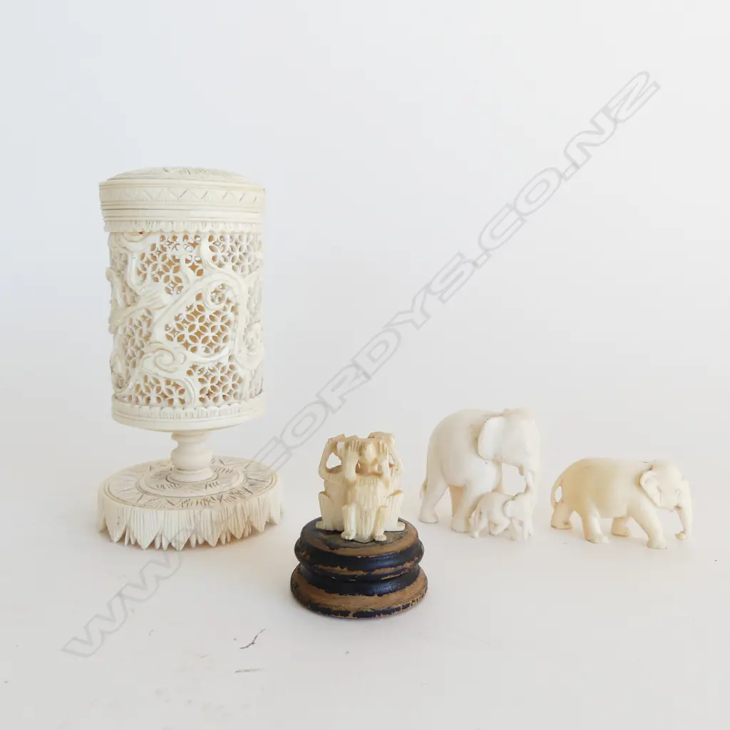 CARVED CHINESE  LIDDED JAR NO KNOB H120MM 2 IVORY ELEPHANTS  & MONKEY ORN  Image 1++