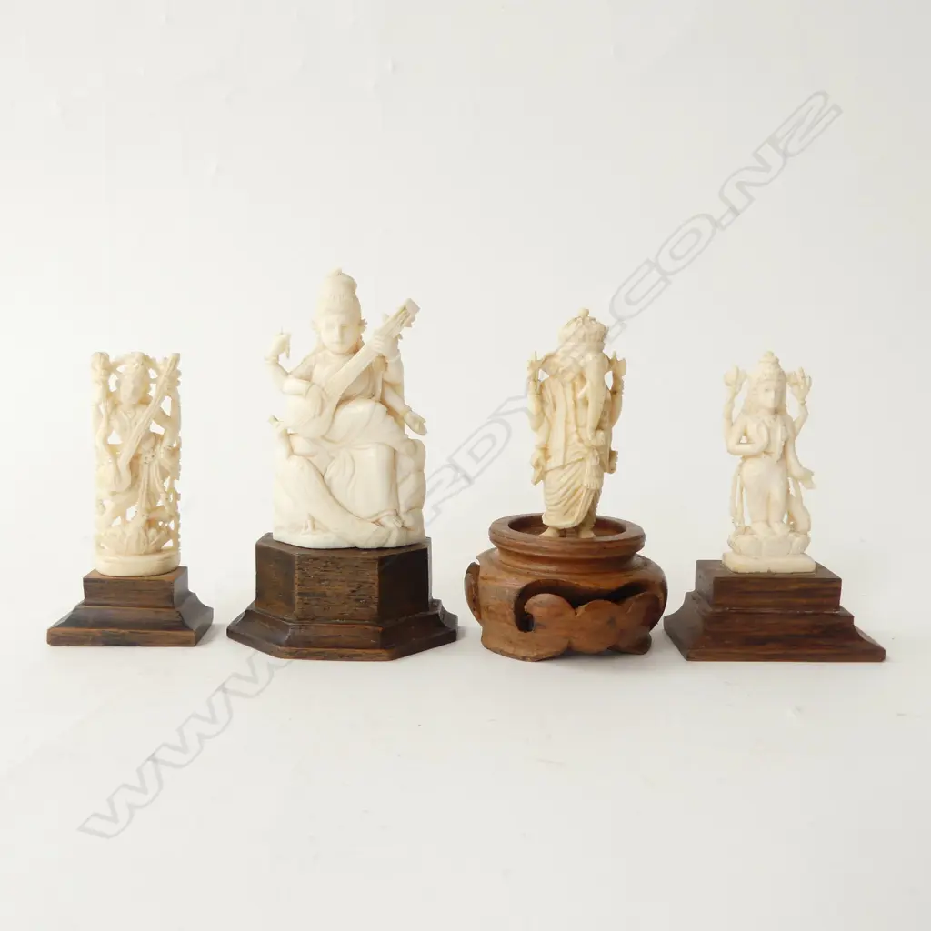 4 SMALL INDIAN GODDESS IVORY CARVINGS ON STANDS 80MM TALLEST Image 1++
