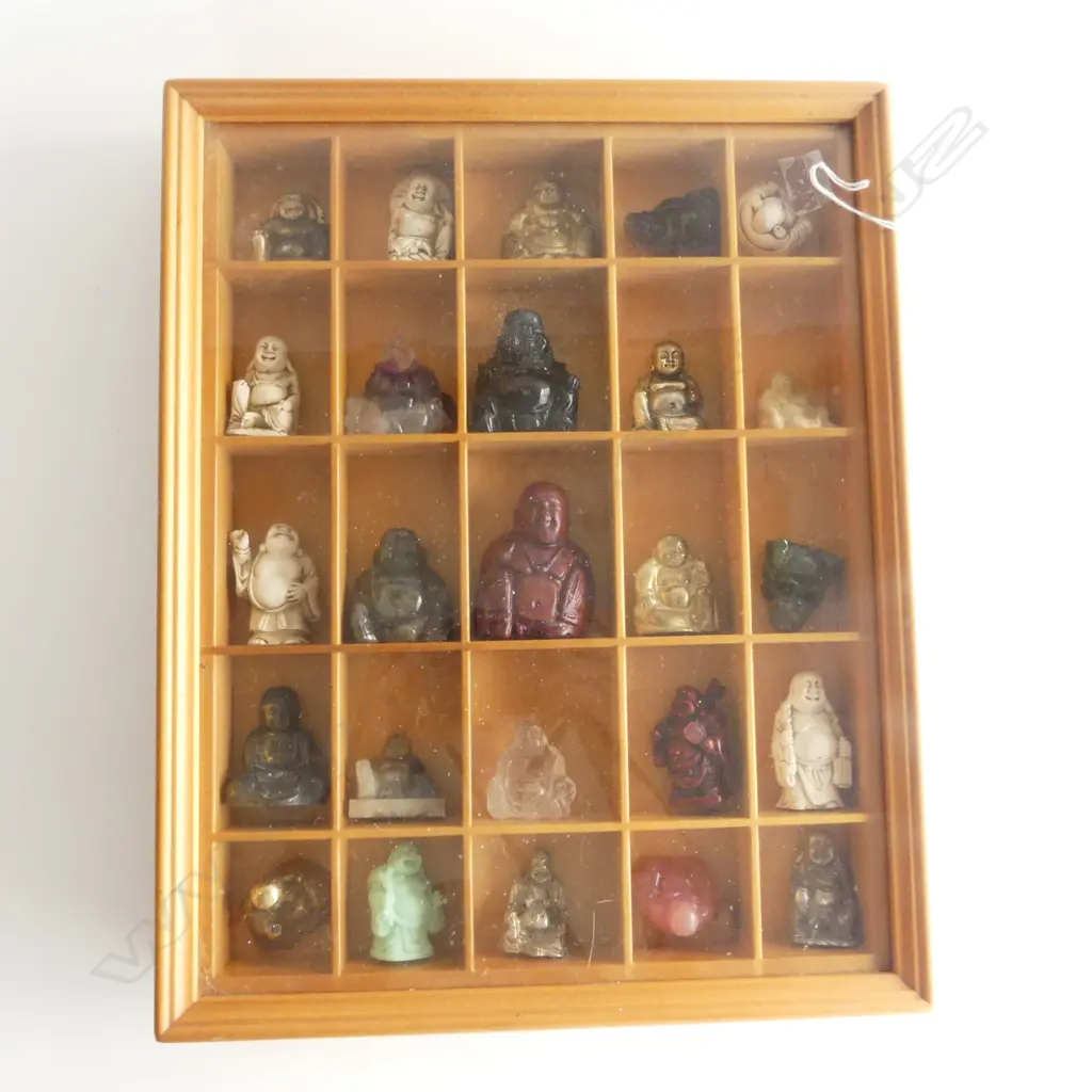 COLLECTION OF 25  HOTEI & BUDDHA IN WOODEN GLASSED CASE, 390 x 300mm Image 1++