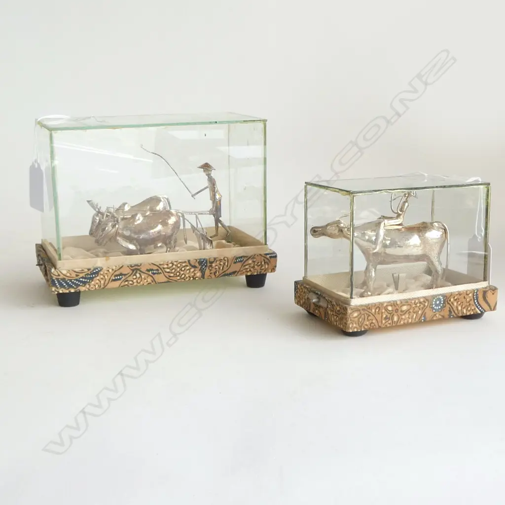 2 EASTERN SILVER BUFFALO & FIGURE SCULPTURES in glass cases Image 1++