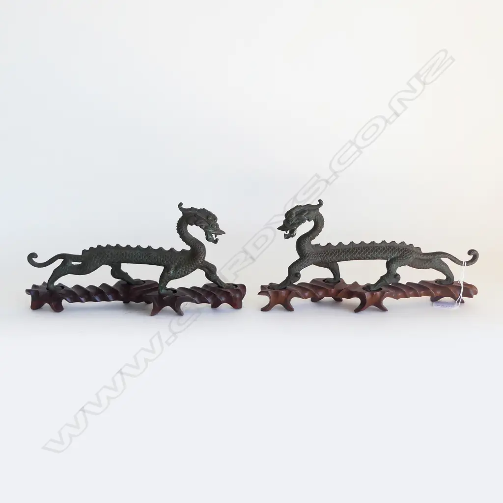 PR OF CHINESE BRONZE DRAGONS ON CARVED WOOD STANDS L330MM Image 1++