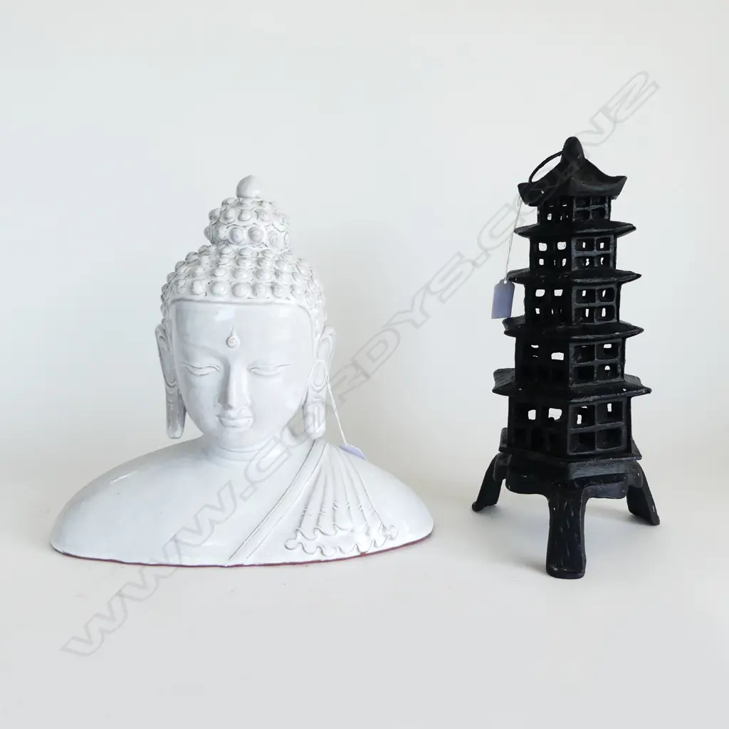 POTTERY BUDDHA BUST H300MM & CAST IRON PAGODA INCENSE BURNER H320MM Image 1++