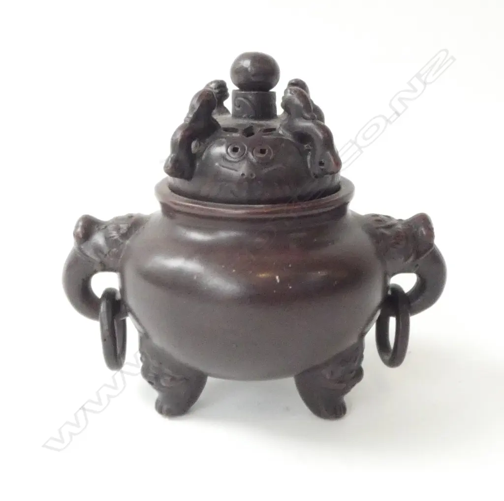 CHINESE TERRACOTTA BROWN GLAZED ( as bronze) LIDDED INCENSE BURNER w shishi. H.175mm Image 1++