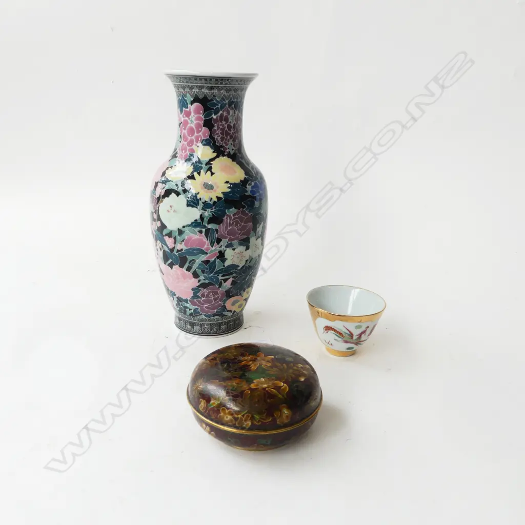 CLOISONNE TRINKET BOX w.VASE & SMALL TEA BOWL H.250mm Image 1++