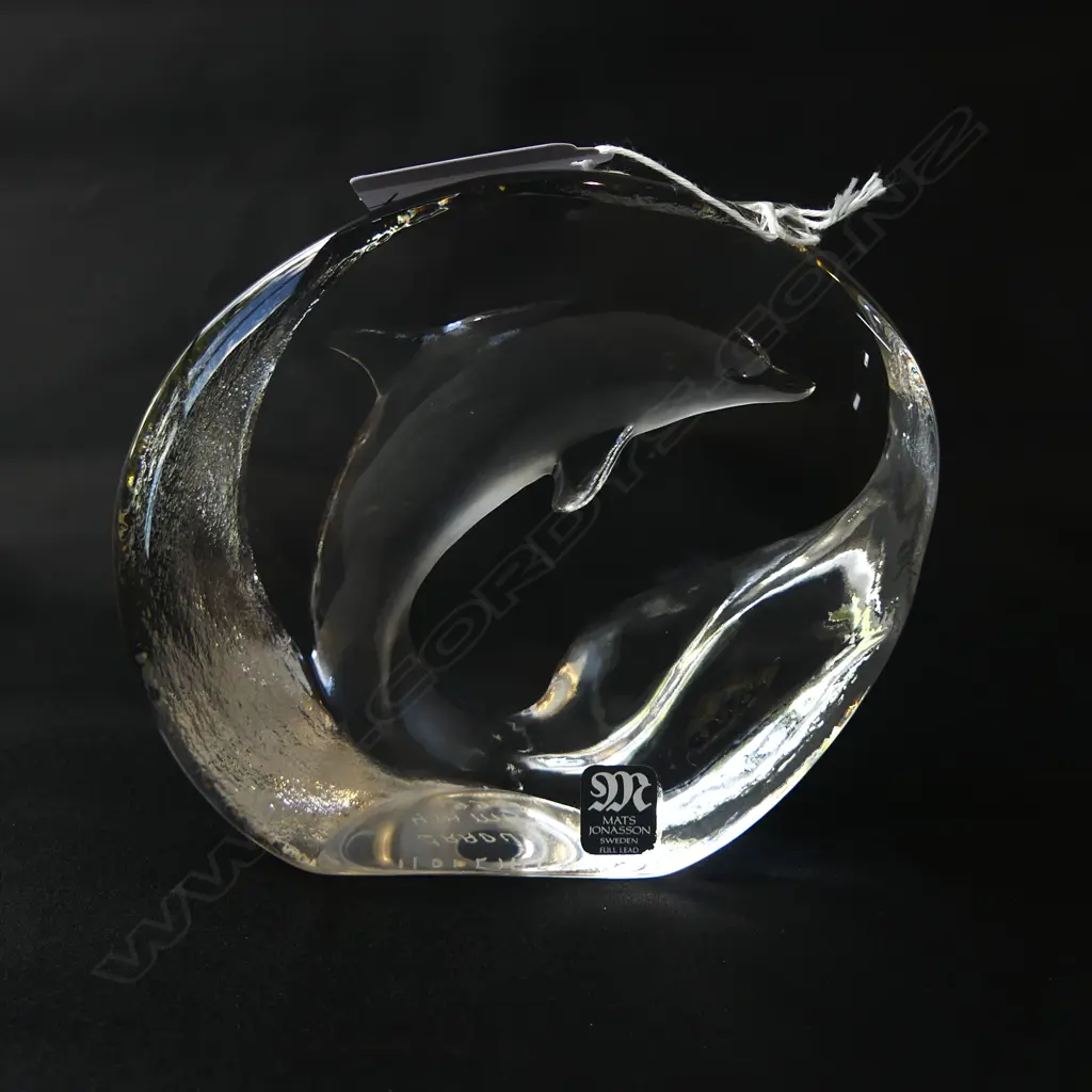 MATT JONASSON (SWEDEN) CRYSTAL DOLPHIN SCULPTURE PAPER WEIGHT H.100mm. labelled & engraved mark Image 1++
