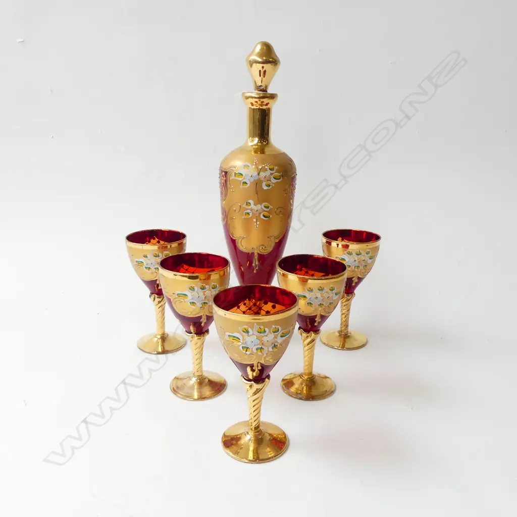RED & GOLD MURANO GLASS DECANTER H.350mm & 5 GLASSES Image 1++