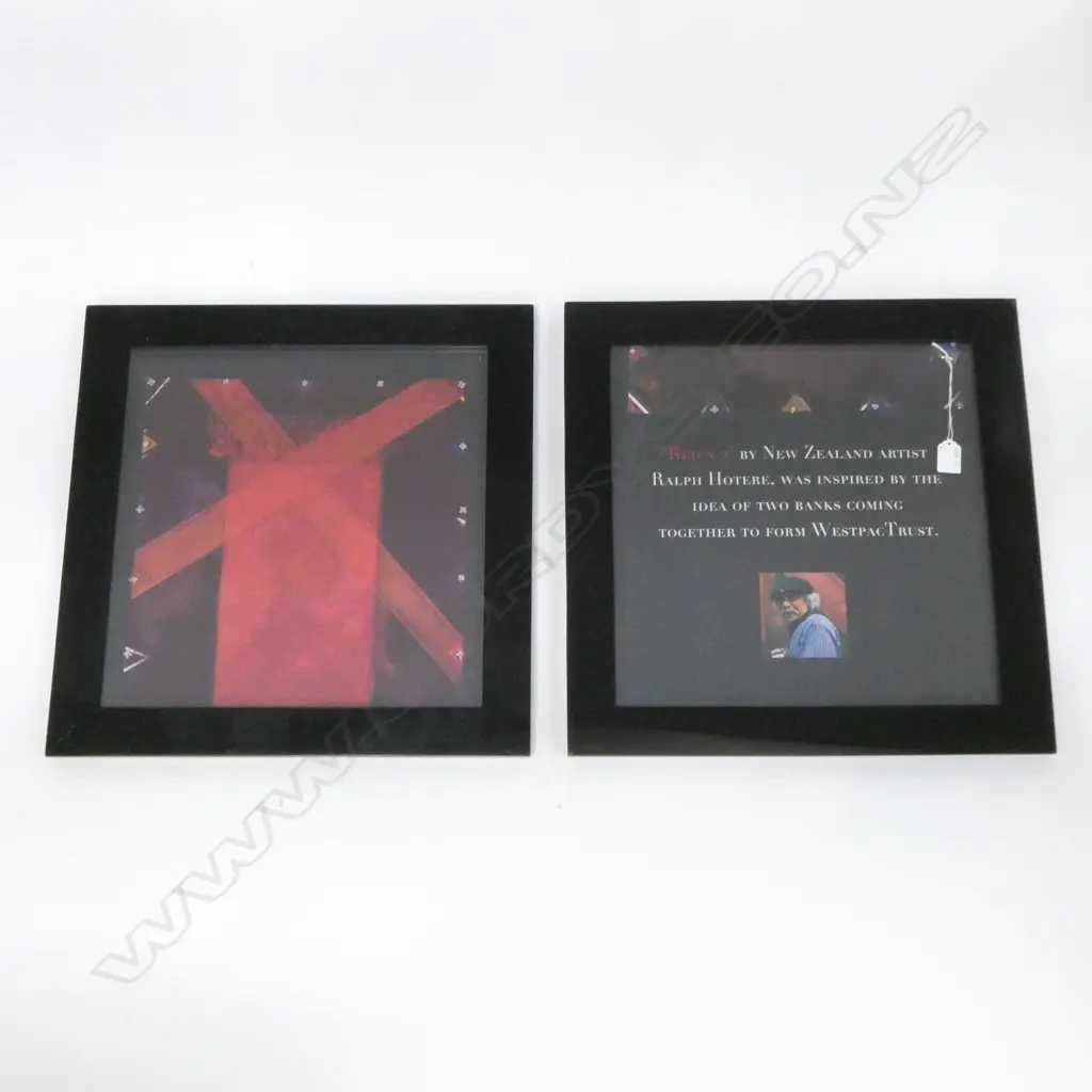 FRAMED RALPH HOTERE REPRODUCTION PRINT, 1 'RED X2' INFO POSTER, 385x385mm Image 1++