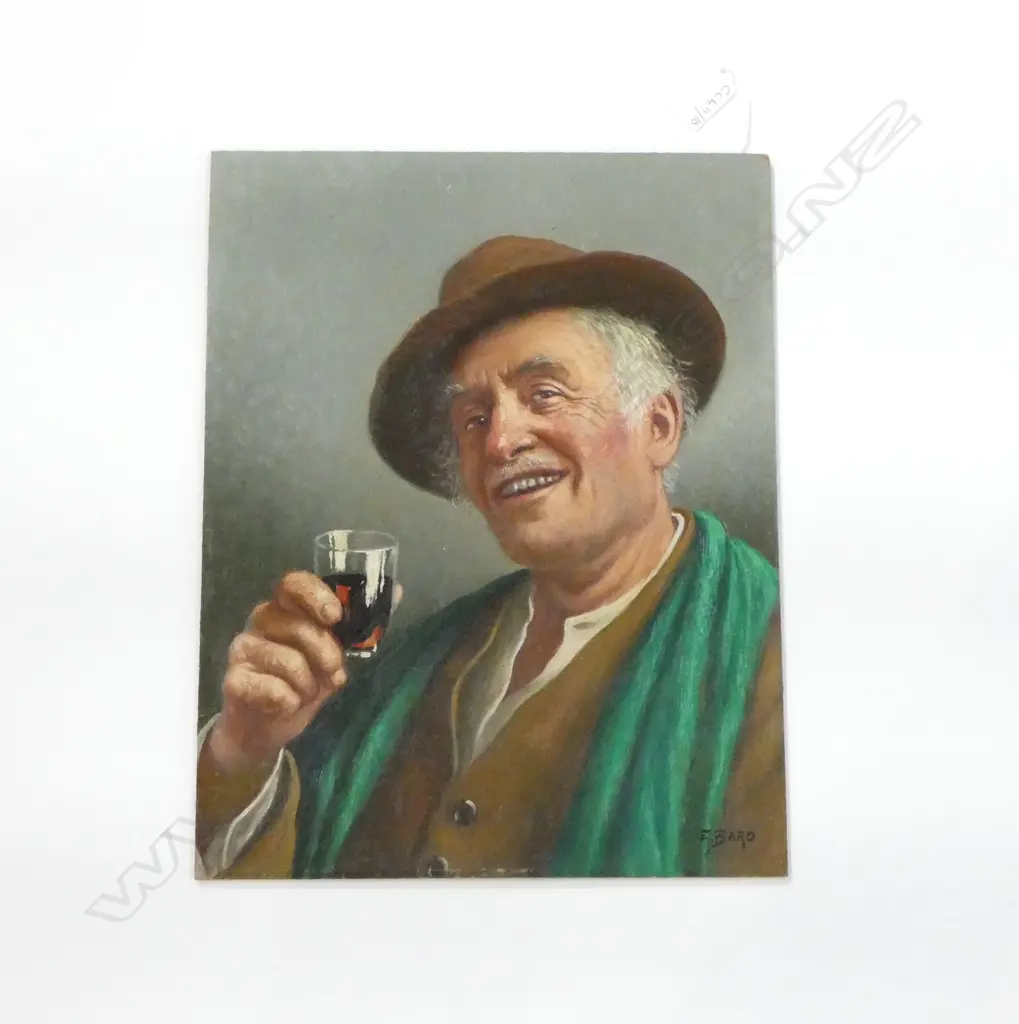 E. BARO, UNTITILED (MAN DRINKING WINE), OIL ON BOARD, 350x270mm Image 1++