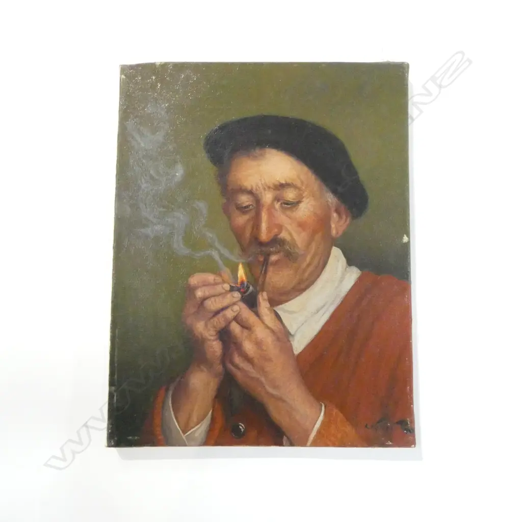 LEON NOIREAUT (FRENCH 1890-1960), UNTITLED (MAN LIGHTING A PIPE) OIL ON CANVAS, 350x270mm  Image 1++