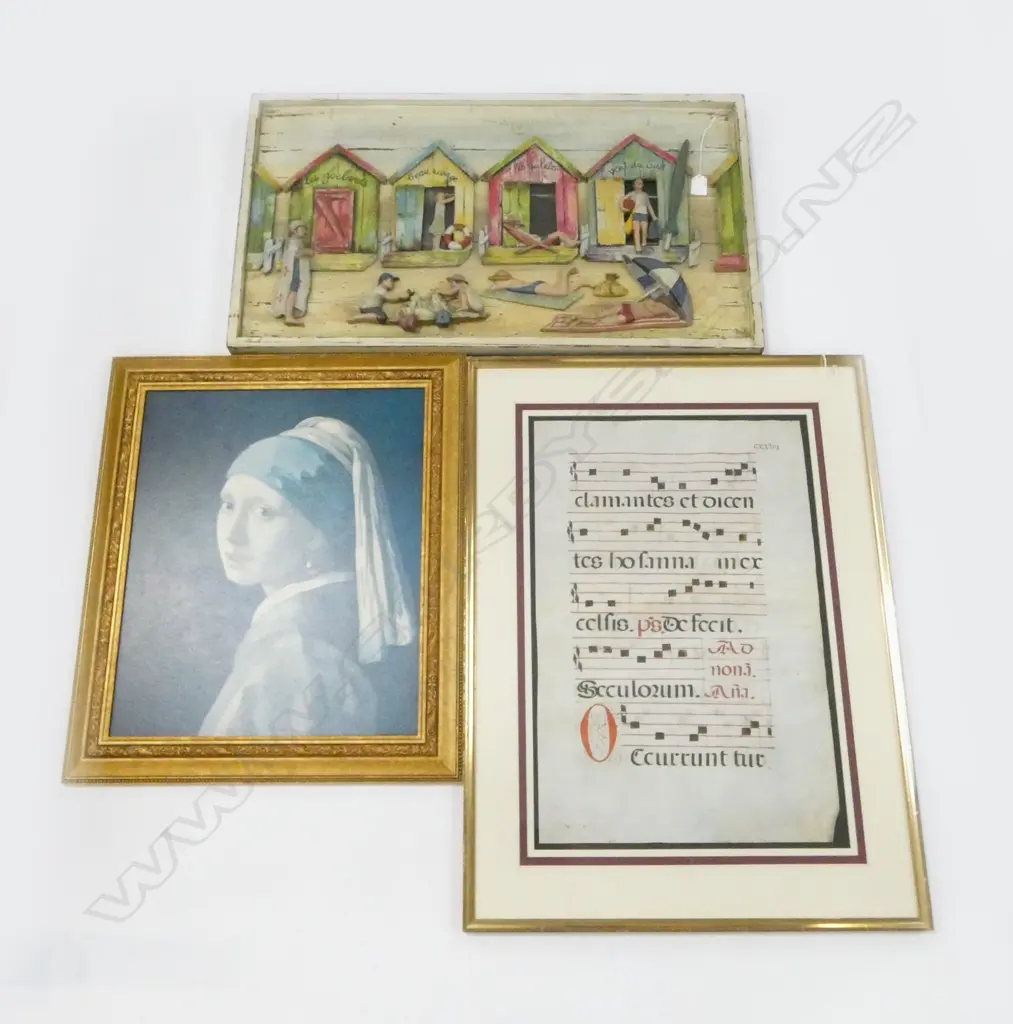 MIXED MEDIA BOAT SHED SCENE, 'GIRL W. PEARL EARING' (FADED) & OTHER FRAMED  580x370mm Image 1++