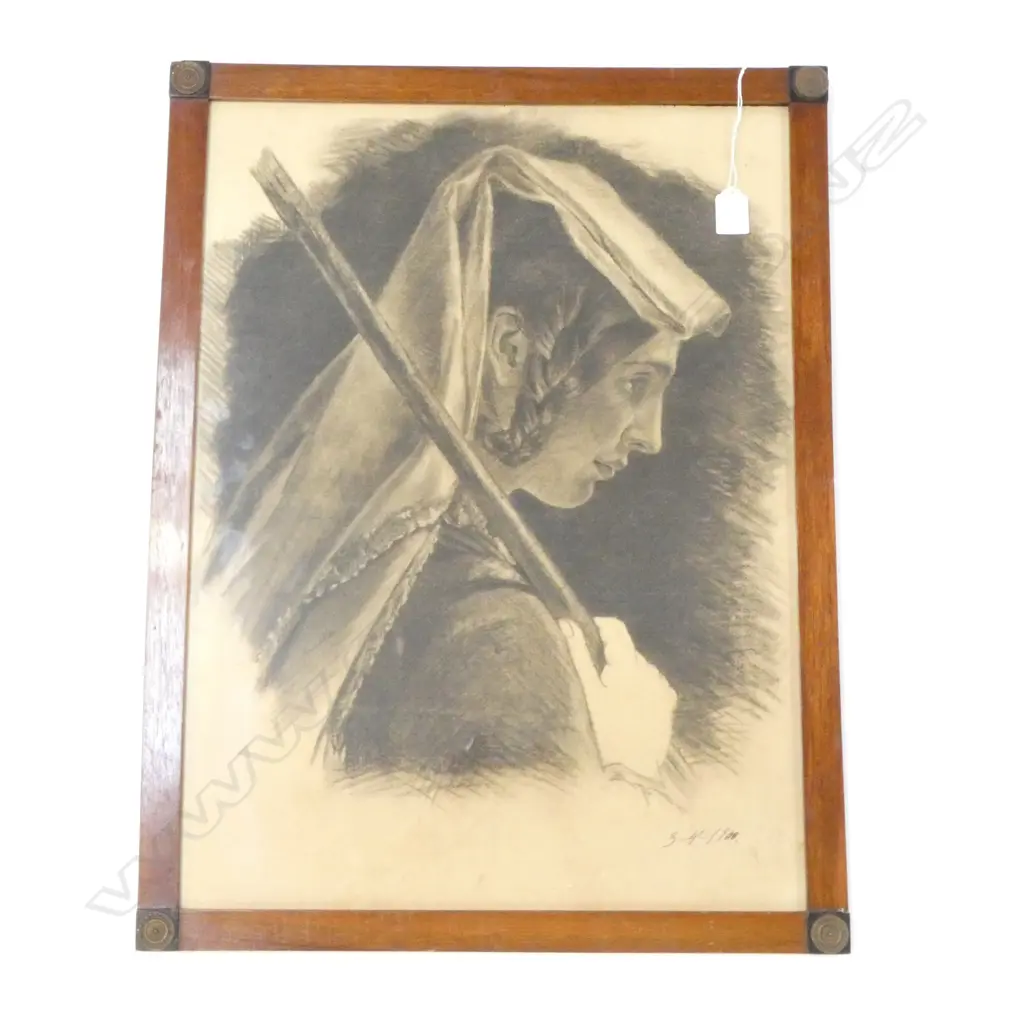 VINTAGE DRAWING OF A YOUNG ITALIAN WOMAN DATED 1900 440X590MM Image 1++