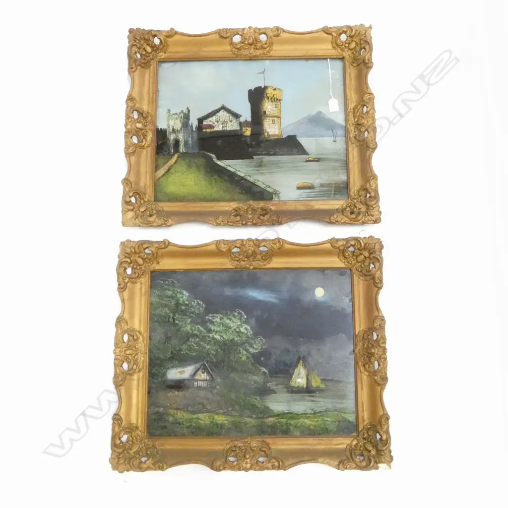 PR REVERSE PAINTED LANDSCAPES ON GLASS; 'CASTLE ON THE SIENE', NIGHT SCENE 395x495mm Image 1++