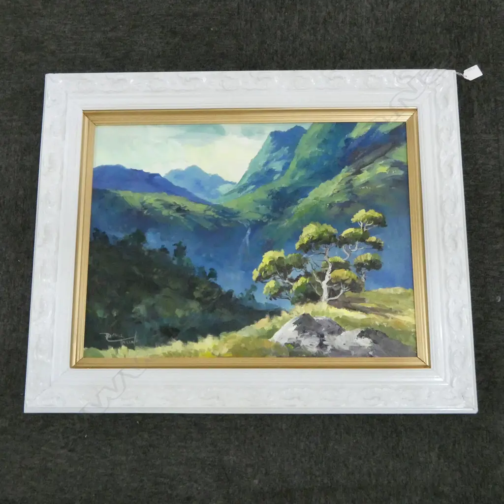 RUSSELL HOLLINGS, A VALLEY IN FIORDLAND, OIL ON BOARD, 445x590mm Image 1++