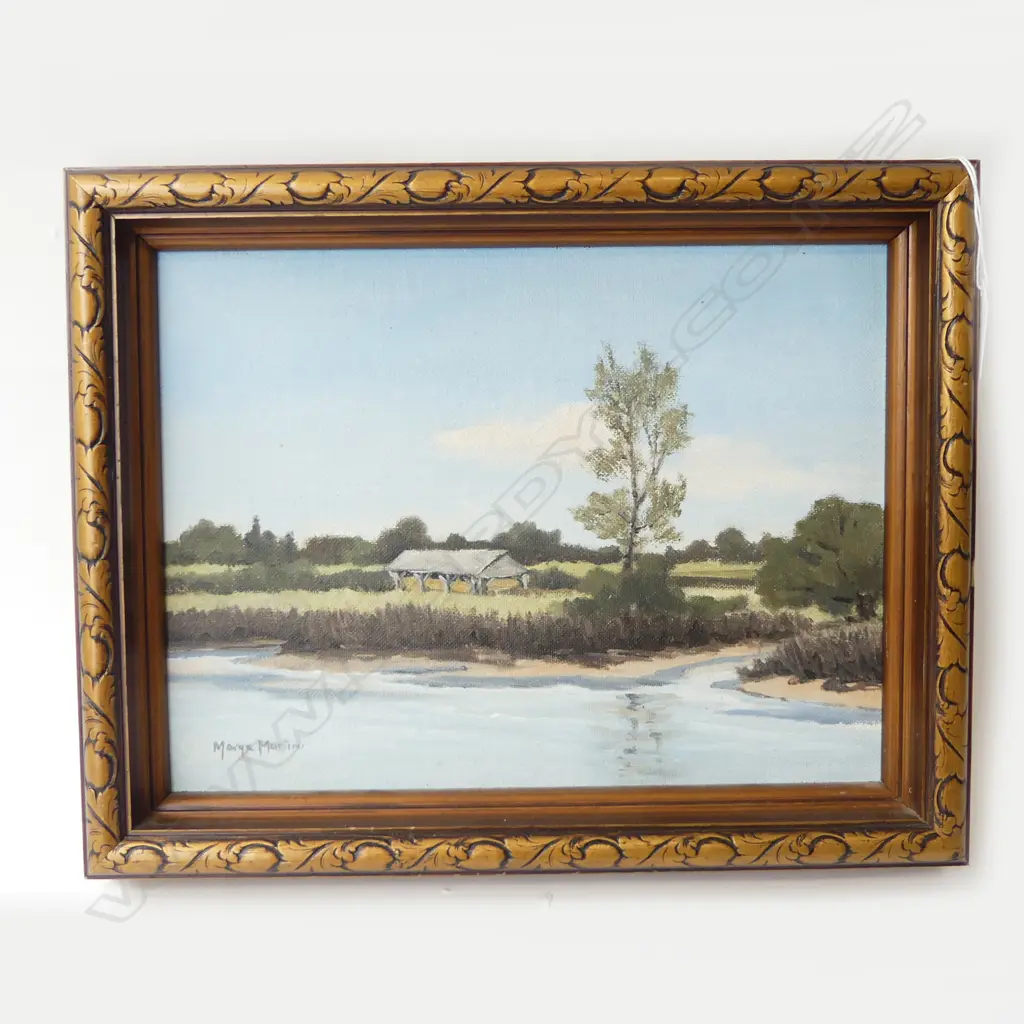 MARGE MARTIN OIL PAINTING HAYBARN & ESTUARY 220 X 290mm Image 1++