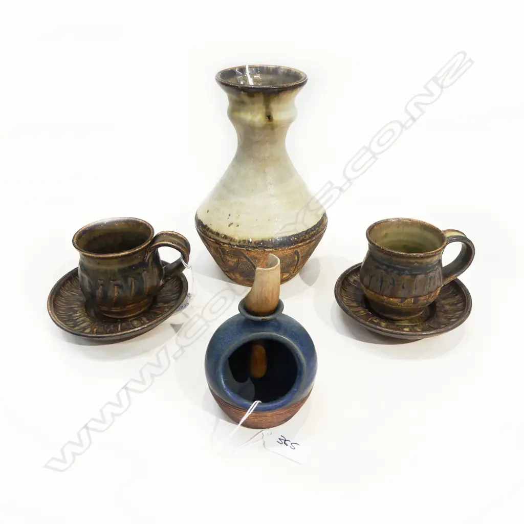 ASST NZ POTTERY; KATH MASON SALT PIG, JANET WRIGHT VASE w. PR CUPS & SAUCERS (CUPS MARKED), H.200mm Image 1++