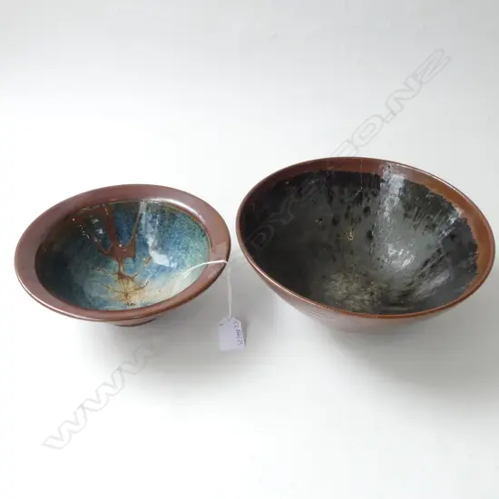 2 PETER STICHBURY BOWLS, LARGER 250mm dia AF cracked / smaller w. blue chun glaze