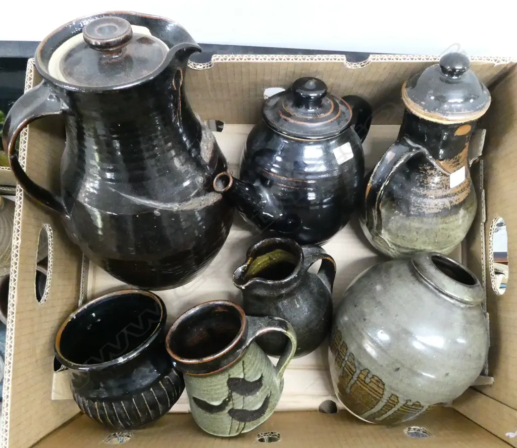 7 ASST PCES NZ POTTERY; DON THORNLY (1936-1989) FATSO (CHIPS), LARGE MARKED JUG H300mm etc Image 1++