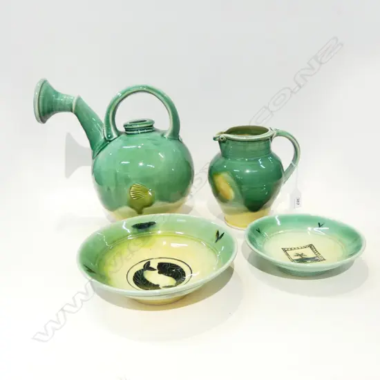 4 PCES VAN DE PUTTEN POTTERY; 2 BOWLS 210mm dia, JUG, WATERING CAN (HAIRLINE)