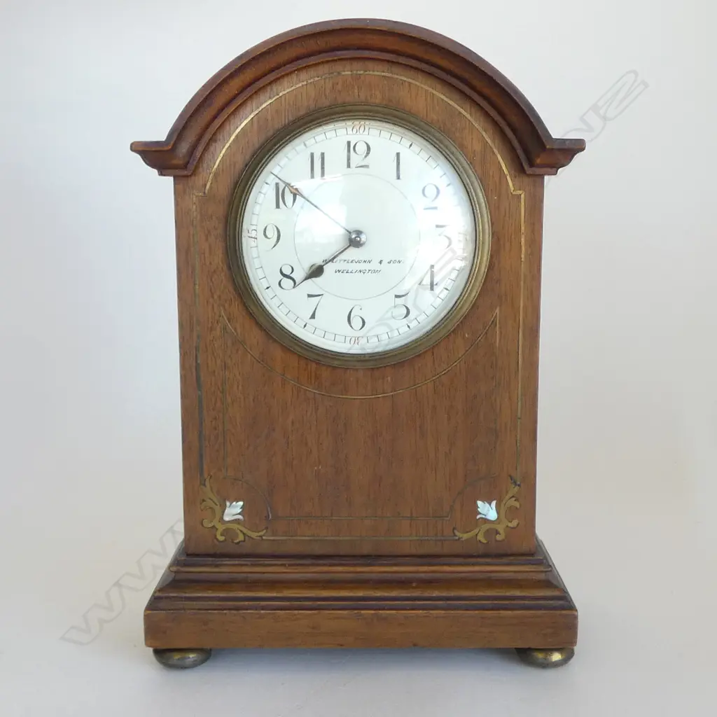 EDWARDIAN INLAID SHERATON-STYLE WOODEN MANTEL CLOCK, 'LITTLEJOHN & SON WELLINGTON' H.250mm *1 clock only Image 1++