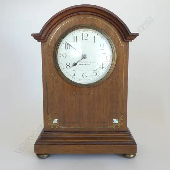 EDWARDIAN INLAID SHERATON-STYLE WOODEN MANTEL CLOCK, 'LITTLEJOHN & SON WELLINGTON' H.250mm *1 clock only