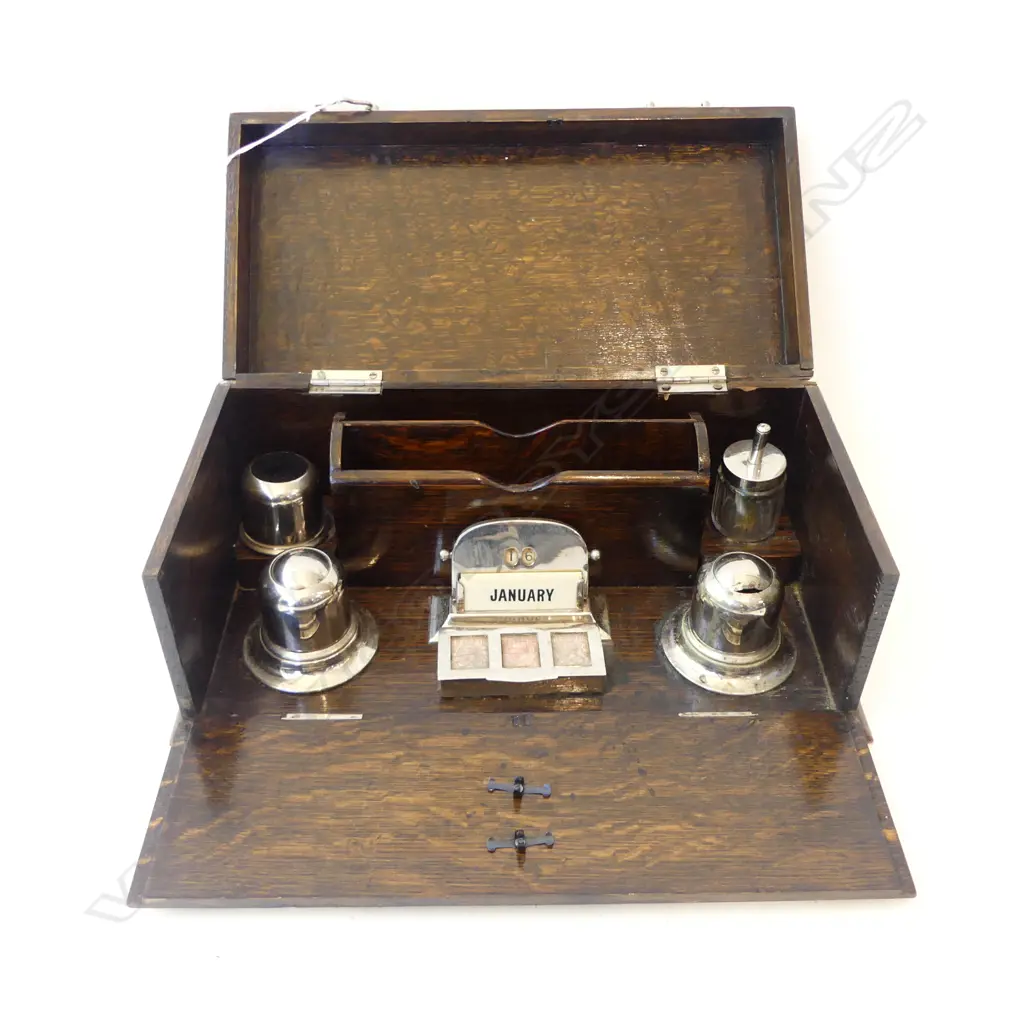 OLD 1920S ORIGINAL OAK COMPENDIUM DESK SET, OPENS TO REVEAL INKWELLS ETC 330X170X140mm Image 1++