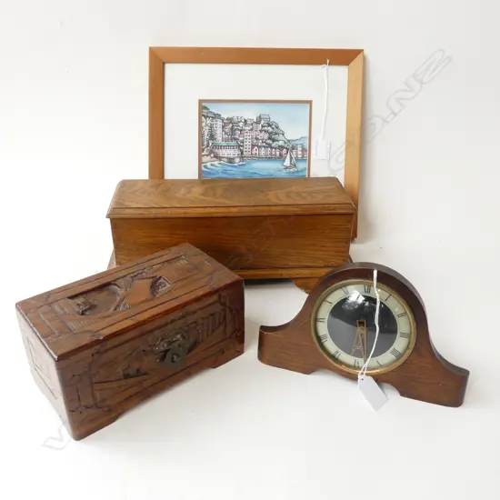 2 WOODEN BOXES W.360mm, CLOCK & FRAMED WELLINGTON PRINT 120x165mm