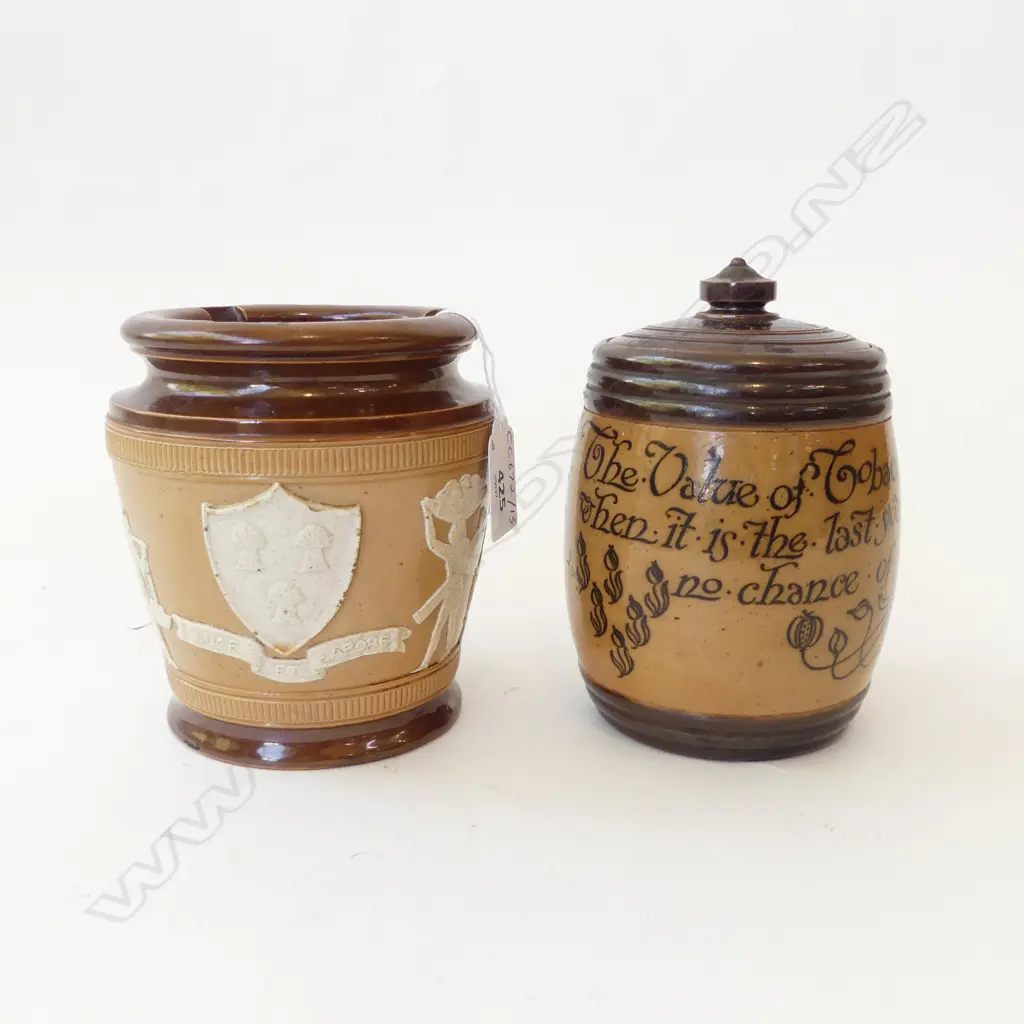 TWO ROYAL DOULTON STONEWARE TOBACCO JARS ‘BISMARCK’ & ‘LUCE ET LABORE’ A/F, H.125-145MM Image 1++