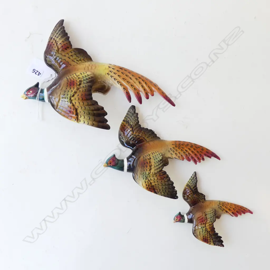 3 FLYING WALL PHEASANTS L.205mm CERAMIC, JAPAN Image 1++
