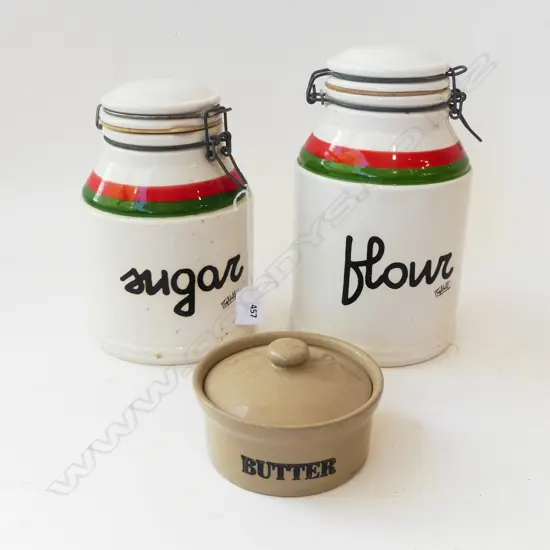 RETRO 'FLOUR' & 'SUGAR' CONTAINERS H.250mm + LIDDED PEARSONS BUTTER DISH