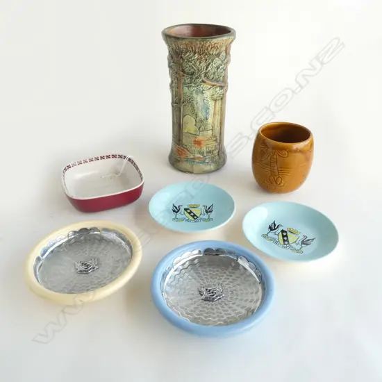 4 HAMILTON COMMEMORATIVE DISHES (2 CROWN LYNN), AIR NZ POTTERY CUP, CROWN LYNN DISH & OTHER H.200mm (7)