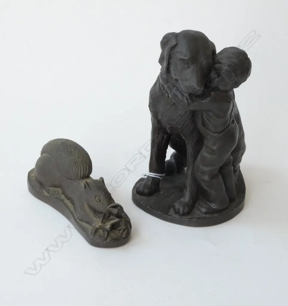 2 BRONZED RESIN FIGURINES; BOY w. DOG H.150mm & SQUIRREL SIGNED FISHER L.125mm Image 1++