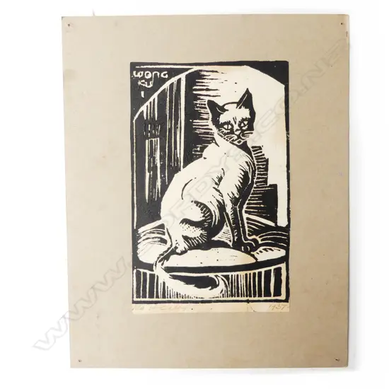 IDA H. CAREY (1891-1982), CAT, WOODCUT PRINT, SIGNED & DATED 1937, w. SECOND ROTA EXHIBITION BOOKLET, 180x110mm
