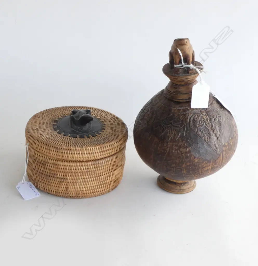 CARVED FOOTED GOURD w. A CARVED FROG STOPPER & OTHER BASKET Image 1++