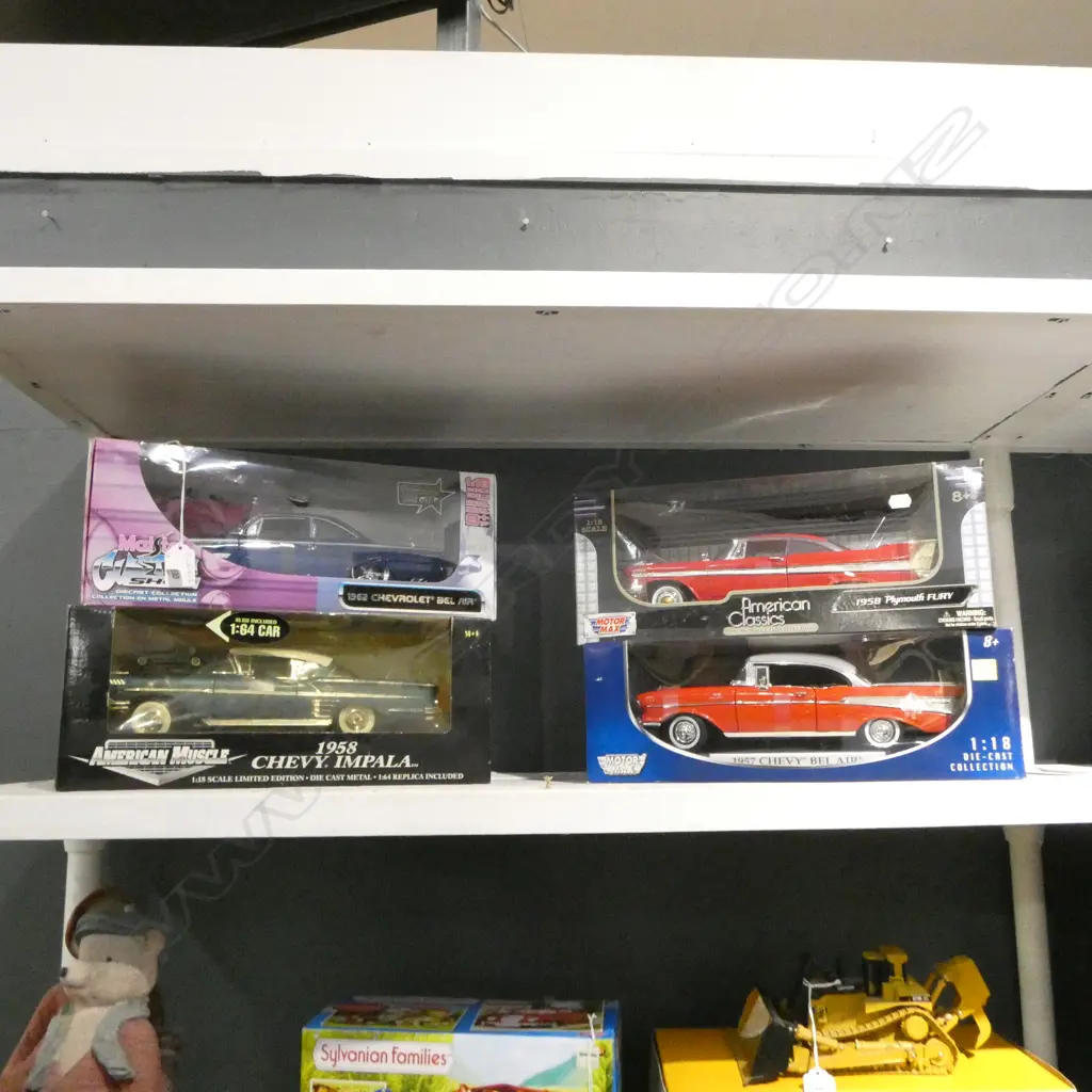 4 BOXED 1:18 MODEL CARS; 3 1960s CHEVYS + 58 PLYMOUTH FURY Image 1++