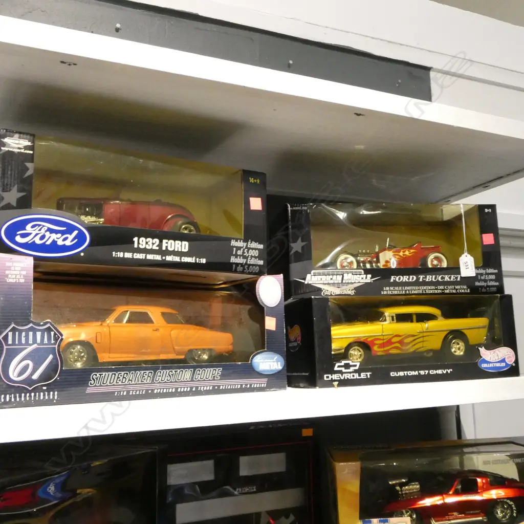 4 BOXED 1:18 MODEL CARS; AMERICAN MUSCLE 32 FORD / T-BUCKET, '57 CHEVY, STUDEBAKER CUSTOM COUPE Image 1++