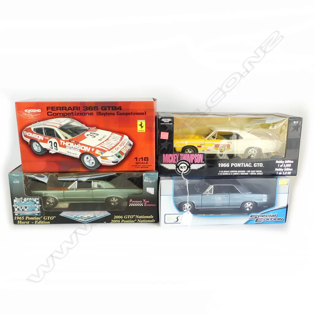 4 BOXED 1:18 MODEL CARS; 3 1960s PONTIACS + FERRARI 365 GTB4 Image 1++