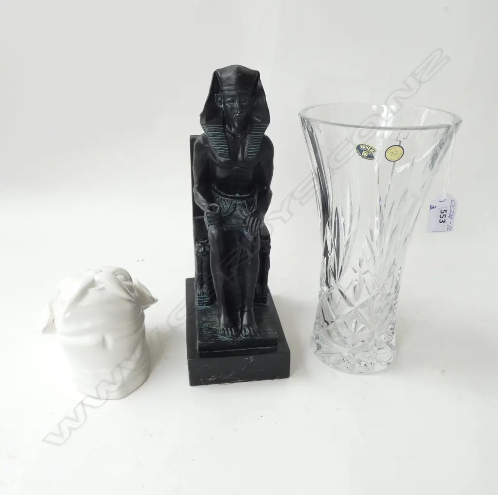 3 PCS; 'BOHEMIA' CRYSTAL WAISTED VASE, H.25.5mm, VINTAGE PHARAOH STATUETTE H.290mm & CERAMIC WALL HANGING PUG DOG Image 1++